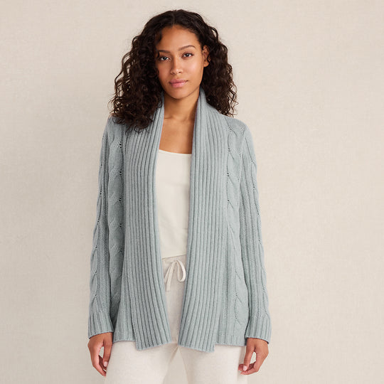 Cashmere Cable Open Front Cardigan - Sea Mist Heather