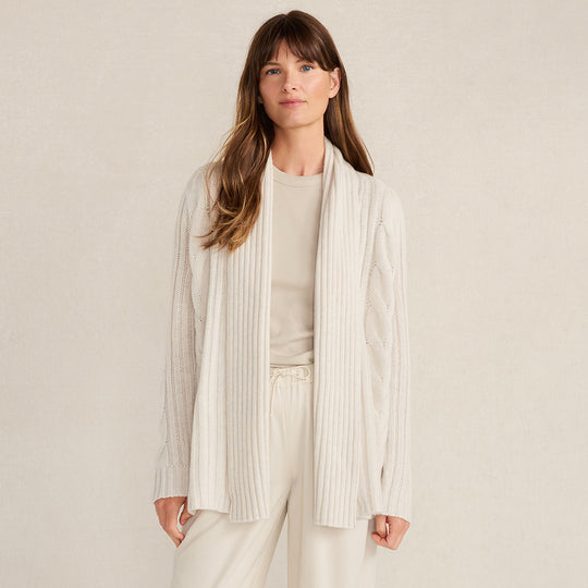 Cashmere Cable Open Front Cardigan - Full Moon Heather