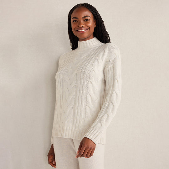 Cashmere Cable Mockneck Sweater - Full Moon Heather