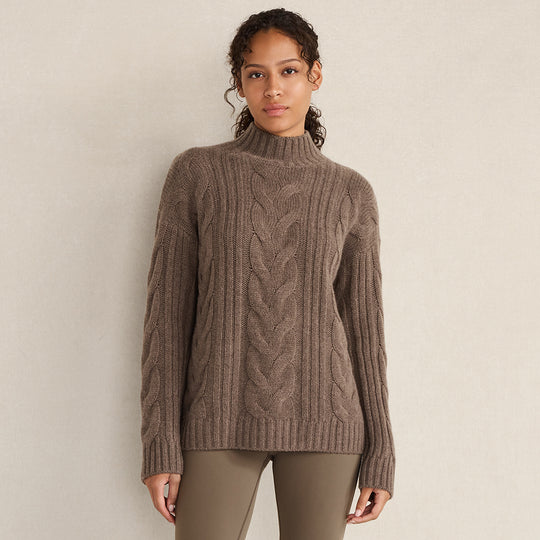 Cashmere Cable Mockneck Sweater - Driftwood Heather