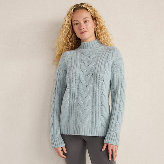 Cashmere Cable Mockneck Sweater - Sea Mist Heather
